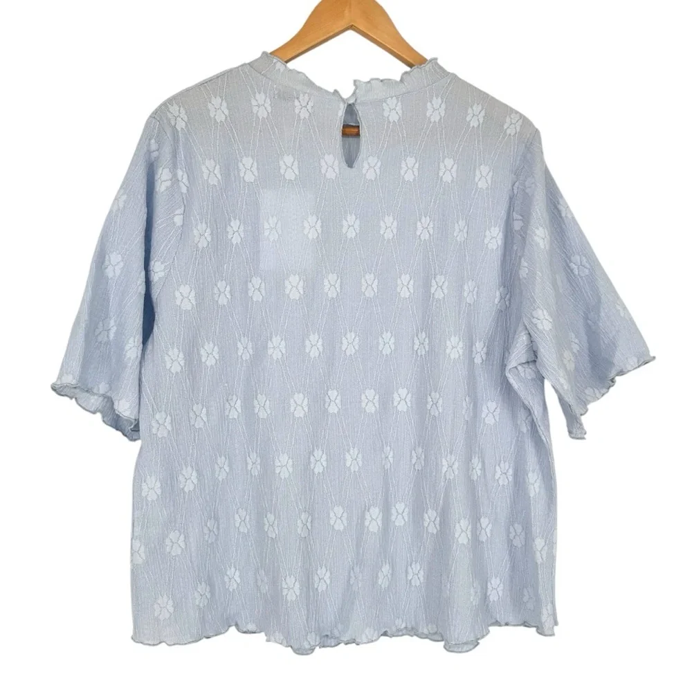 Polagram Light Blue Textured Floral Short Sleeve Top size 2X High Neck NWT
